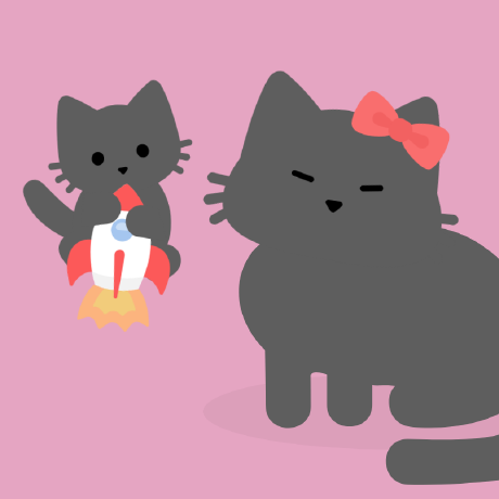 Two grey cartoon-cats on a pink background. The left cat is small and sits on a floating rocket, the right cat is big and has a red bow tie on the right ear.